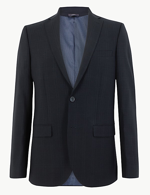 Navy Checked Tailored Fit Jacket