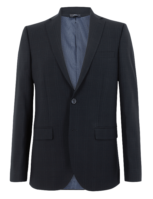 Navy Checked Tailored Fit Jacket