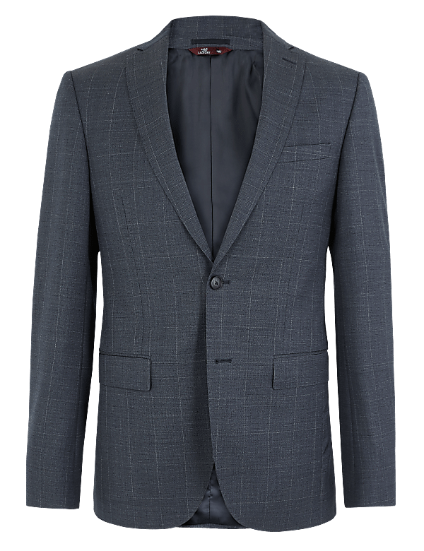 Blue Checked Slim Fit Wool Jacket