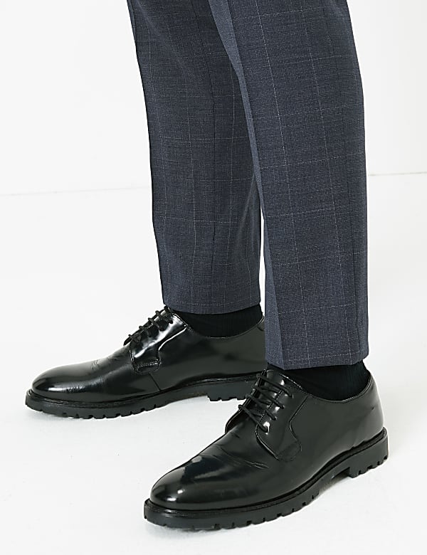 Blue Checked Slim Fit Wool Trousers