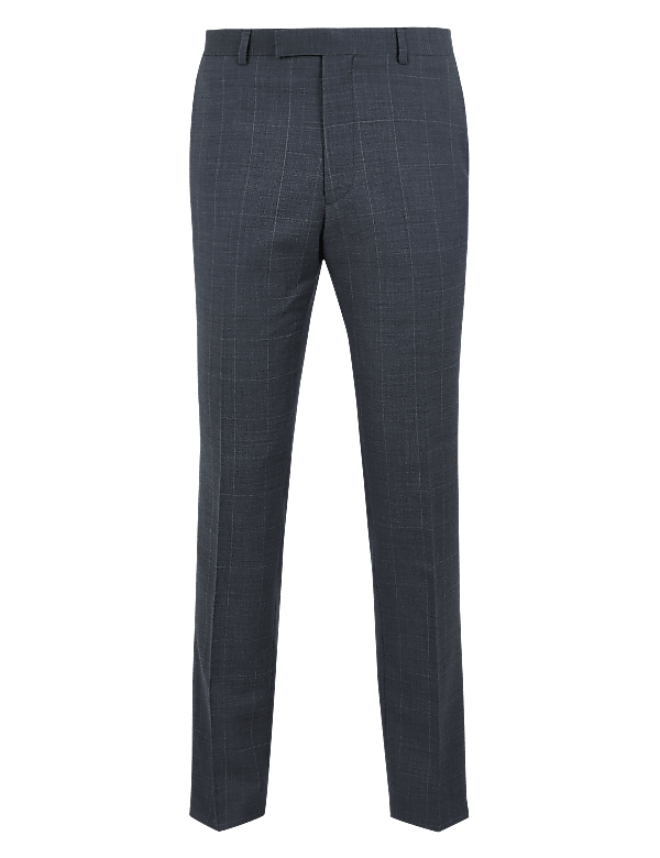 Blue Checked Slim Fit Wool Trousers
