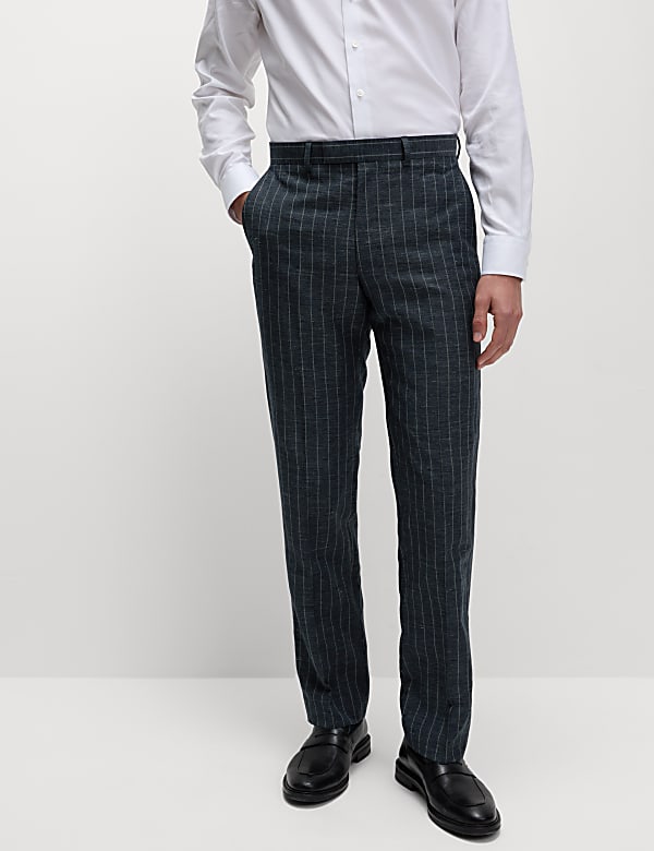 Regular Fit Wool Linen Blend Pinstripe Suit Trousers - JP