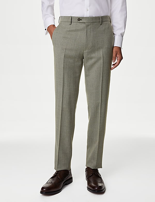 Slim Fit Wool Blend Herringbone Suit Trousers - IL