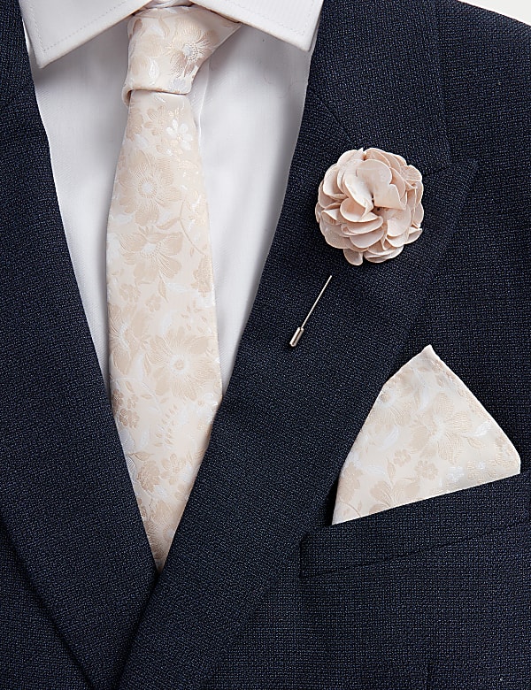 Set met smalle stropdas, speld en pochet met bloemmotief - NL