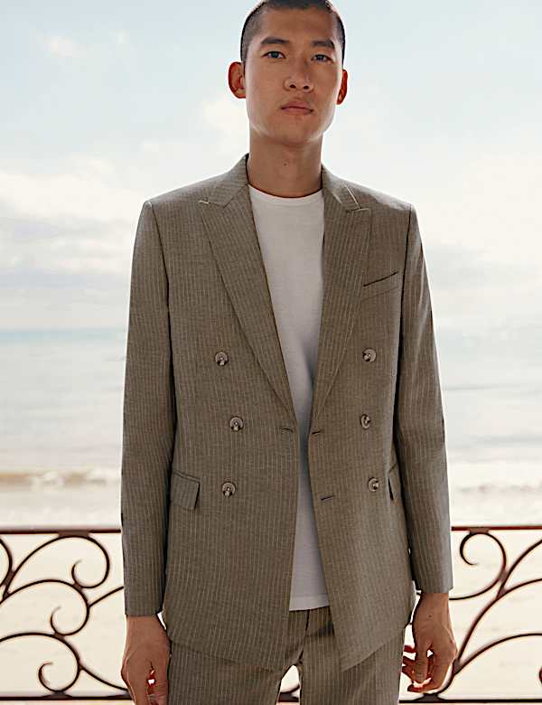 Tailored Fit Italian Performance Linen Blend Pinstripe Suit Jacket - EE