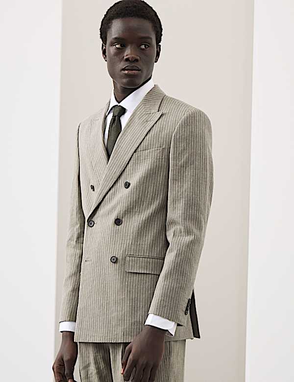 Tailored Fit Italian Performance Linen Blend Pinstripe Suit Jacket - RO