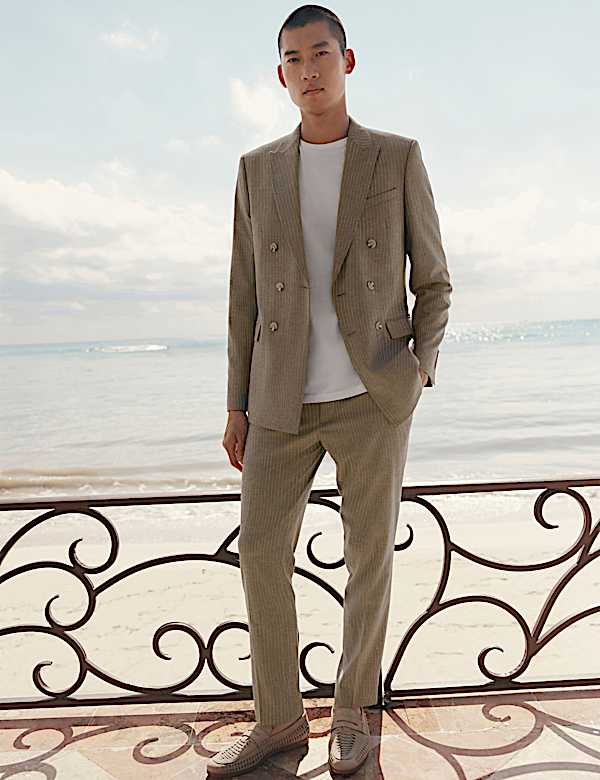 Tailored Fit Italian Performance Linen Blend Pinstripe Suit Trousers - JE