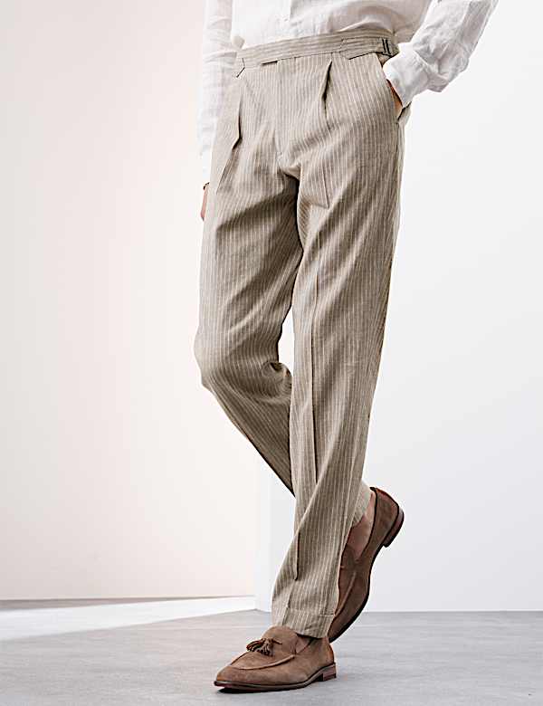 Tailored Fit Italian Performance Linen Blend Pinstripe Suit Trousers - JP