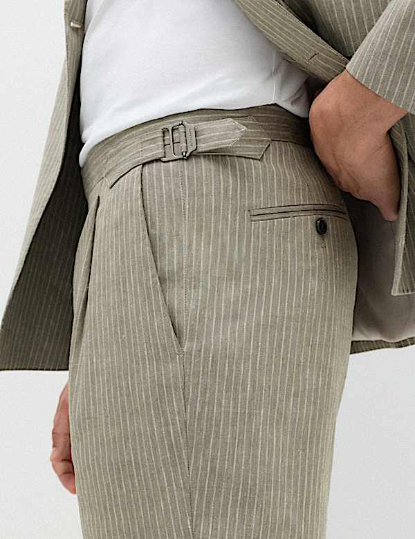 Tailored Fit Italian Performance Linen Blend Pinstripe Suit Trousers - CZ