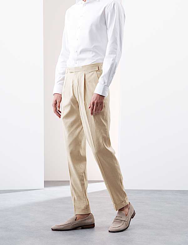 Tailored Fit Italian Performance Linen Blend Pinstripe Suit Trousers - FI