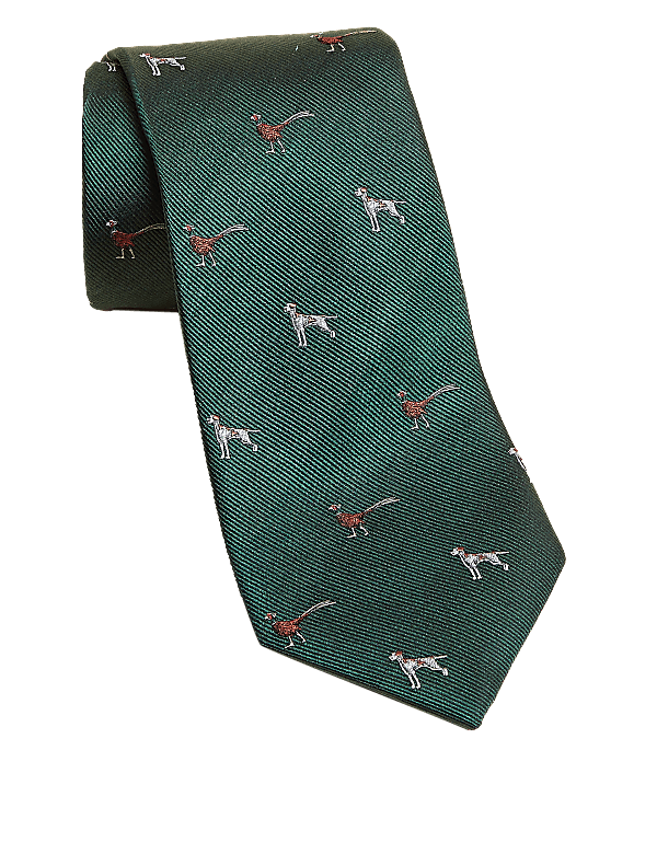 Dog and Pheasant Print Pure Silk Tie