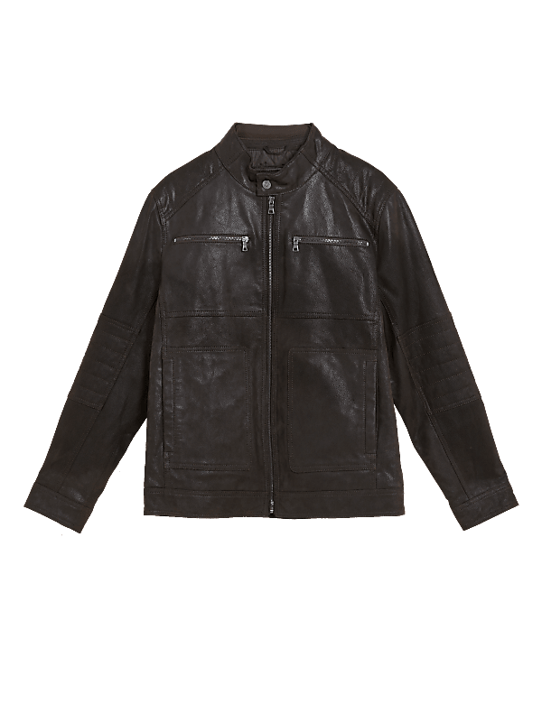 Leather Double Collar Utility Jacket