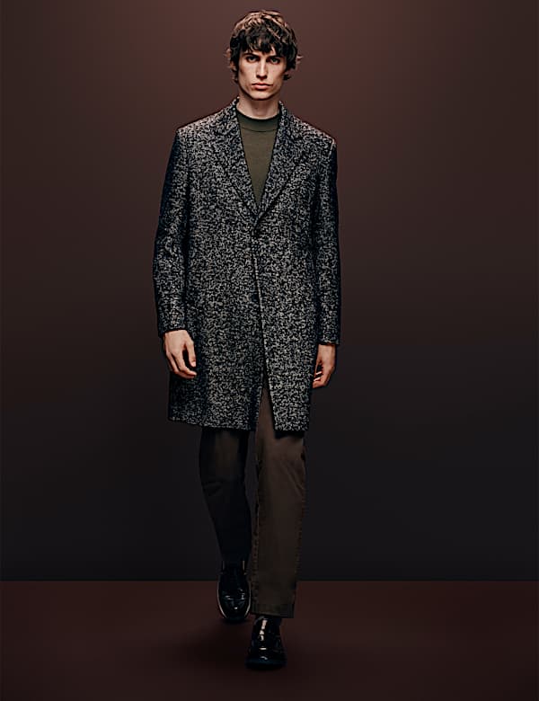 Wool Blend Herringbone Boucle Revere Overcoat - ES