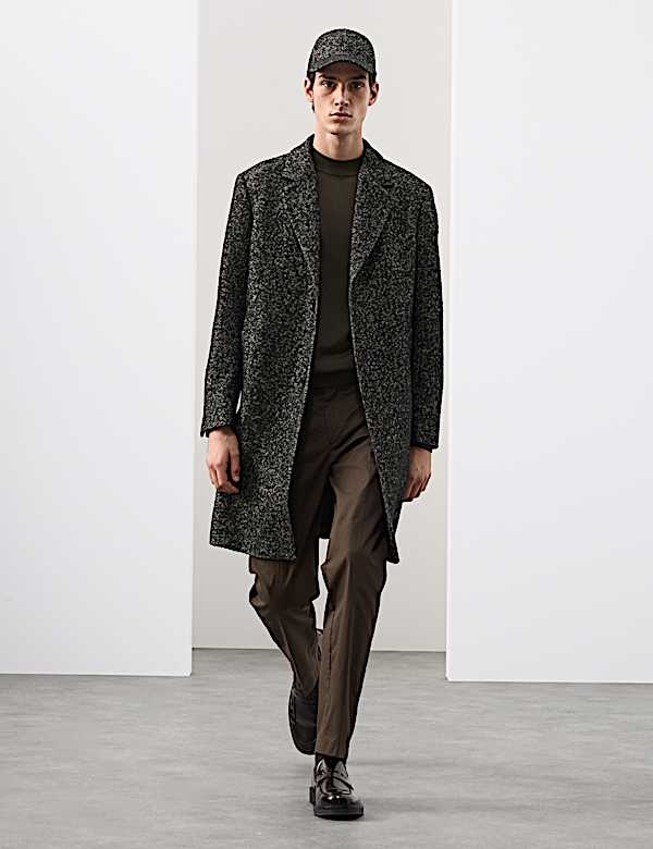 מעיל בוקלה מתערובת צמר בדוגמת הרינגבון עם צווארון מחויט - IL