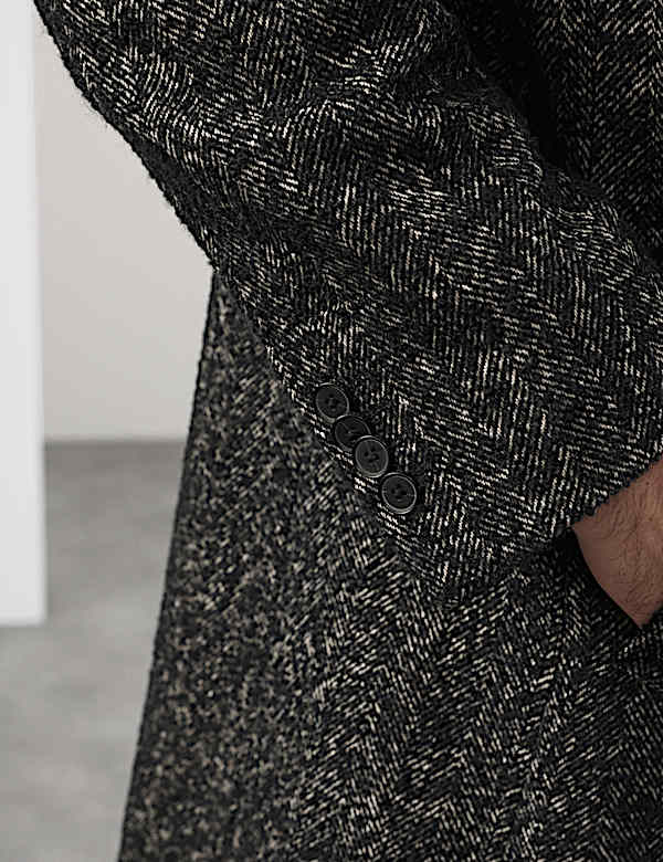 מעיל בוקלה מתערובת צמר בדוגמת הרינגבון עם צווארון מחויט - IL