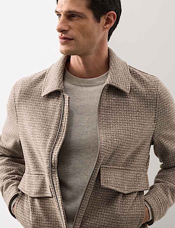 Chaqueta Harrington abotonada con cremallera en mezcla de lana - US