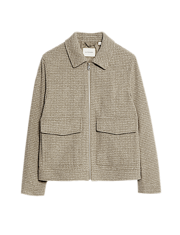 Wool Blend Zip Through Harrington Jacket