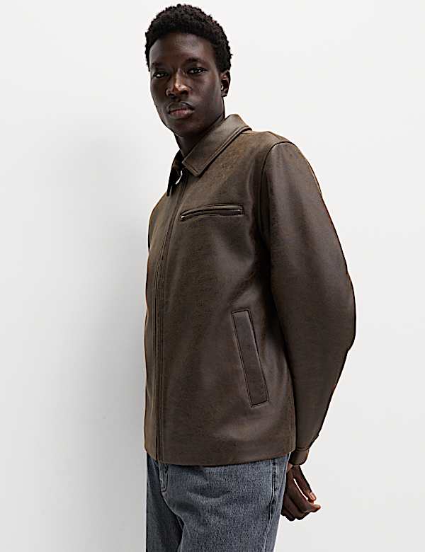 Distressed Faux Leather Harrington Jacket - VN