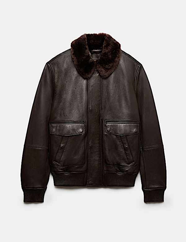 Cazadora bomber de piel con cuello de piel de borreguito - US