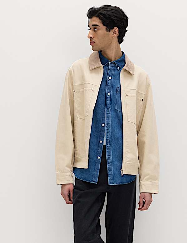 Pure Cotton Contrast Collar Denim Trucker - MX