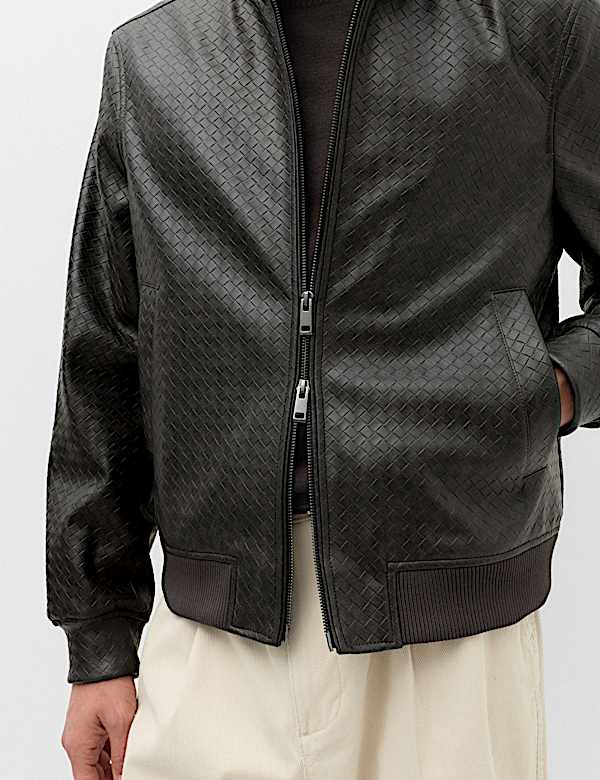 Faux Leather Textured Funnel Neck Jacket - KG