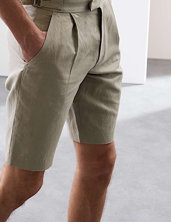 Pantalones cortos con pinzas en mezcla de lino de algod&oacute;n - US