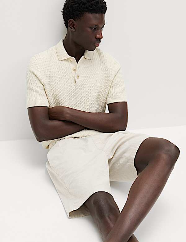 מכנסיים קצרים מבד נמתח מתערובת כותנה ופשתן - IL