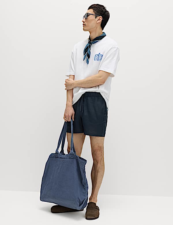 מכנסיים קצרים עם מותן אלסטי מפשתן טהור - IL