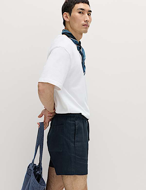 מכנסיים קצרים עם מותן אלסטי מפשתן טהור - IL