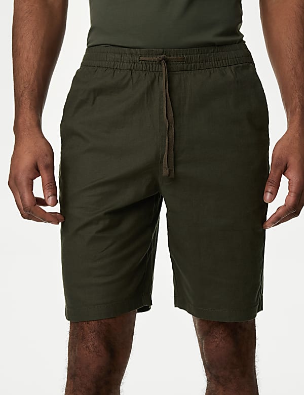 Linen Blend Elasticated Waist Stretch Shorts MEDIUM KHAKI Shorts M S GR