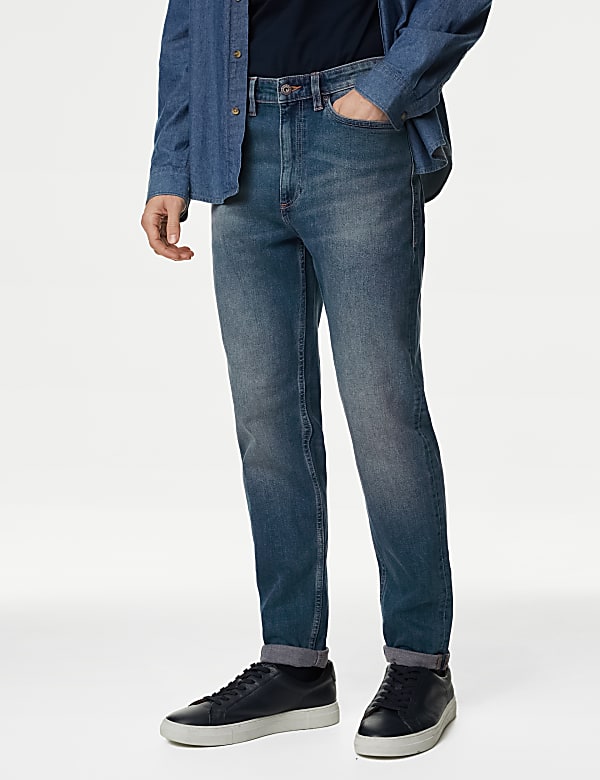 Tapered Fit Vintage Wash Stretch Jeans - TW