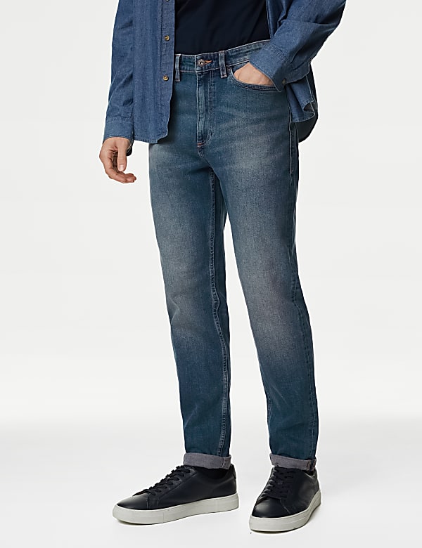 Tapered Fit Vintage Wash Stretch Jeans - AL