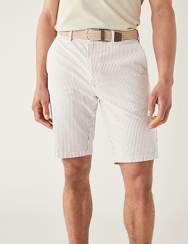 Pure Cotton Seersucker Belted Chino Shorts