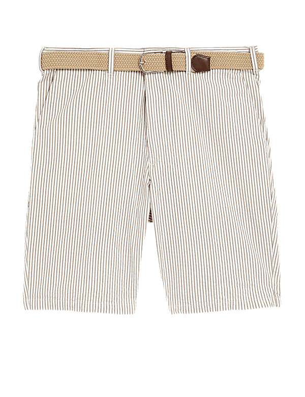 Pure Cotton Seersucker Belted Chino Shorts