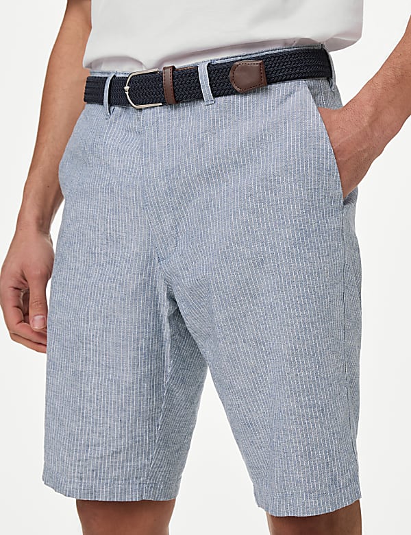 Linen Blend Striped Belted Chino Shorts - BG