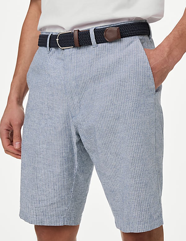 Linen Blend Striped Belted Chino Shorts NAVY MIX Shorts M S ES