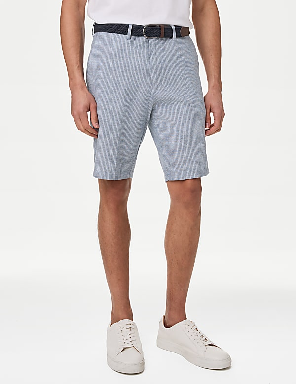 Linen Blend Striped Belted Chino Shorts - ID
