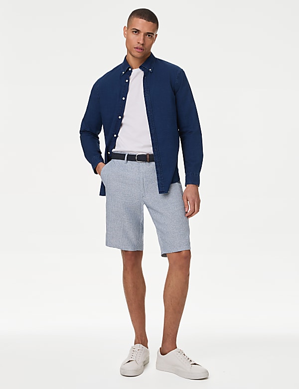 Linen Blend Striped Belted Chino Shorts - ID