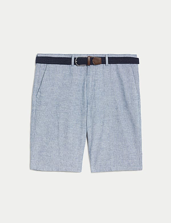 Linen Blend Striped Belted Chino Shorts - ID