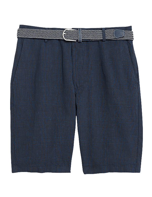 Checked Belted Linen Shorts