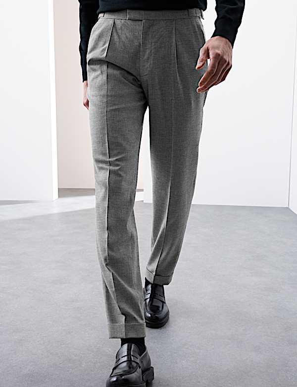 Tapered Fit Single Pleat Trousers with Linen - US