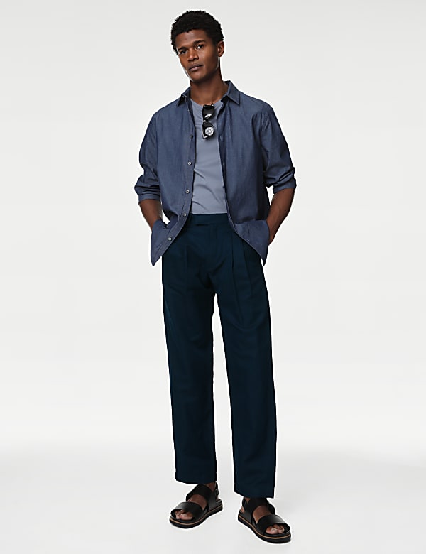 Tapered Fit Linen Blend Trousers NAVY Trousers M S CA