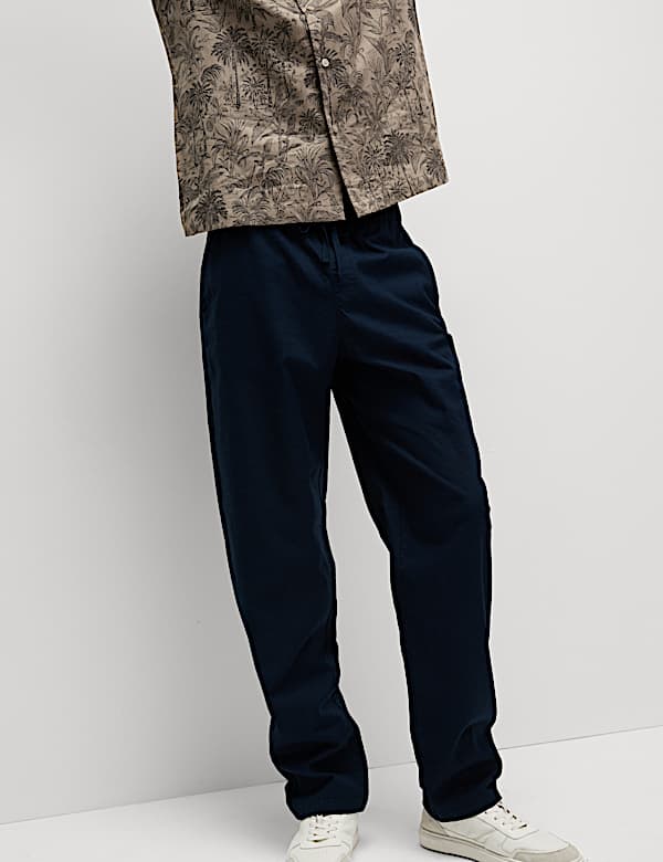 Loose Fit Cotton Linen Blend Elasticated Trousers - AU