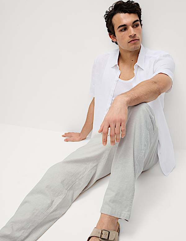 Loose Fit Cotton Linen Blend Elasticated Trousers - IS