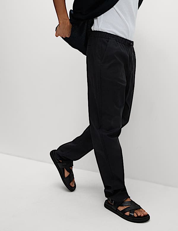 Pantalones elásticos de corte holgado en mezcla de lino de algodón - US