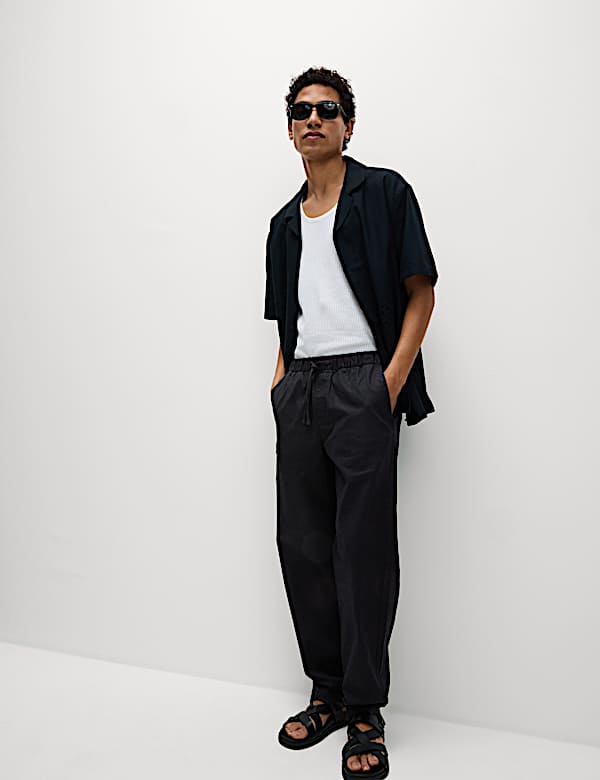 Pantalones elásticos de corte holgado en mezcla de lino de algodón - US