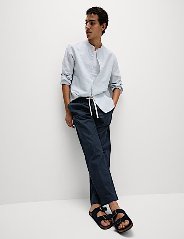 Tapered Fit Cotton Linen Blend Elasticated Trousers - NL