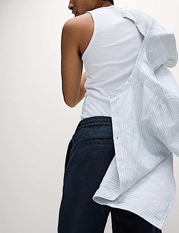 Tapered Fit Cotton Linen Blend Elasticated Trousers - NL