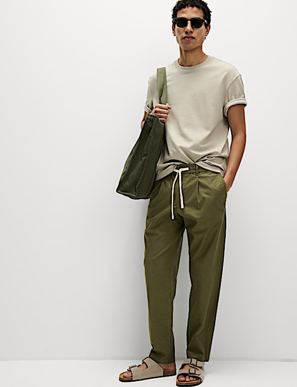 Tapered Fit Cotton Linen Blend Elasticated Trousers - MV
