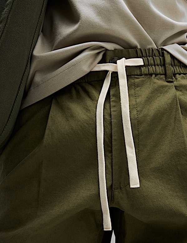 Tapered Fit Cotton Linen Blend Elasticated Trousers - NL